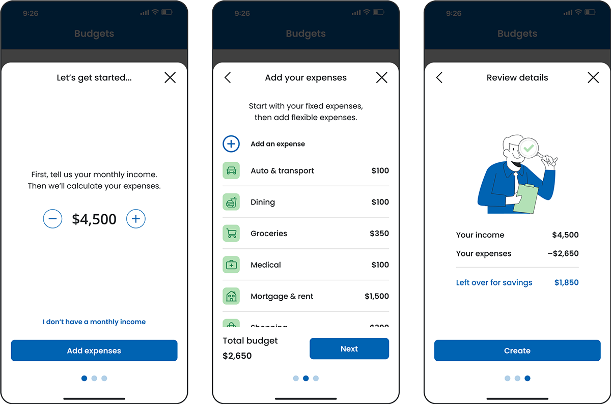 Three budget form screens