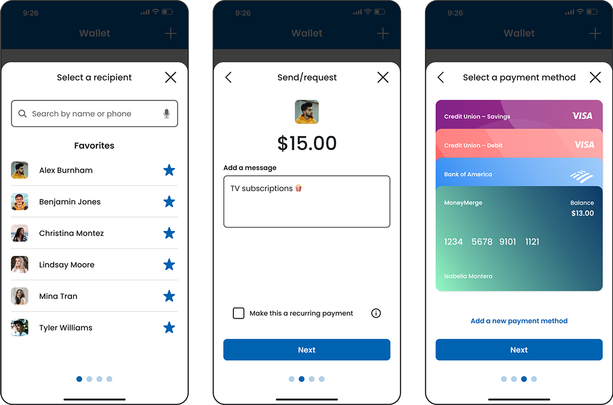 Three payment form screens