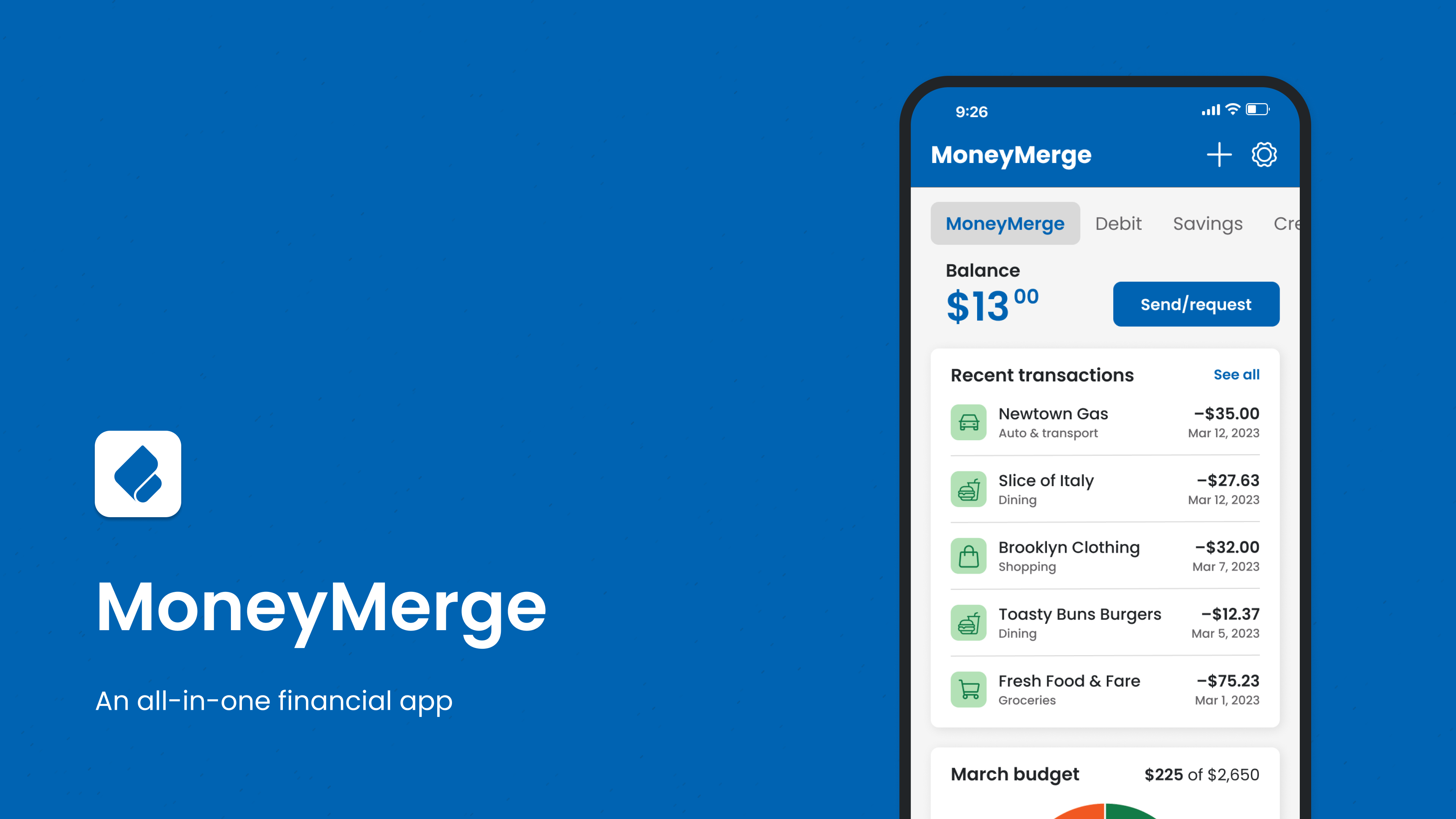 MoneyMerge, an all-in-one financial app with image of a phone screen